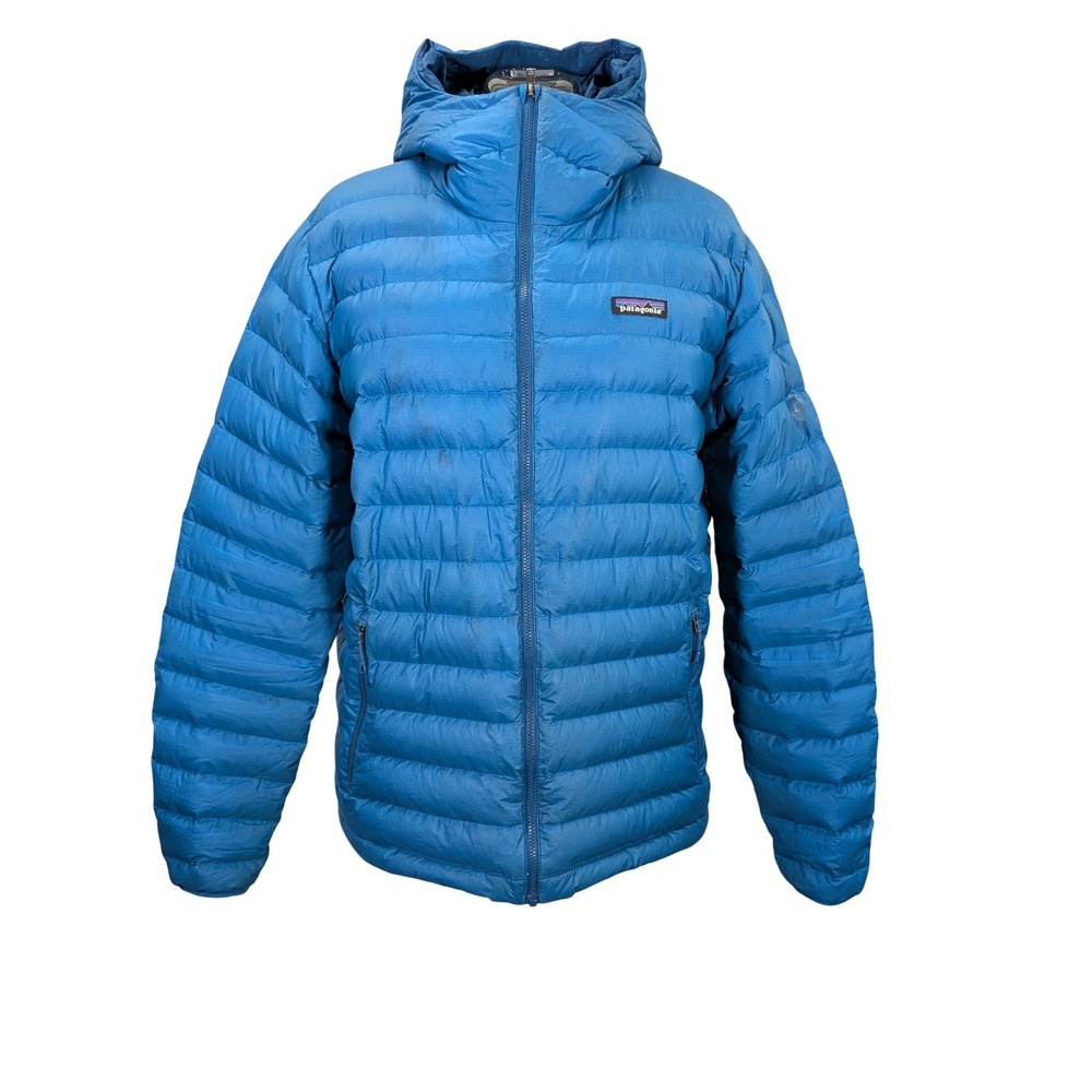 Patagonia Down Sweater Hoody Mens L Blue Goose Down Puffer Jacket FLAWS